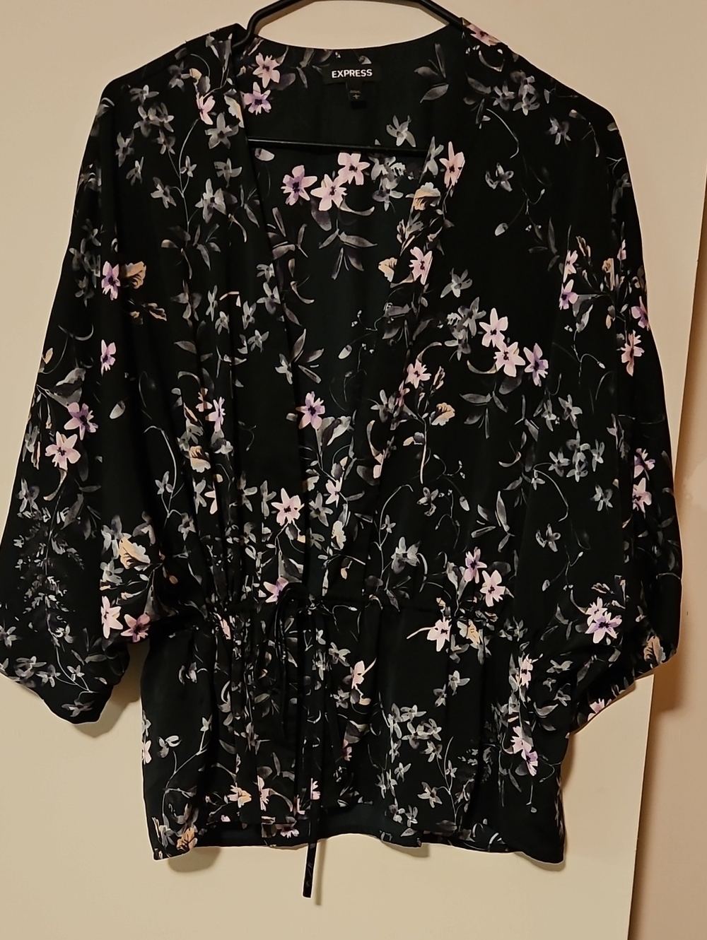 Express Black Floral Long-Sleeve Drawstring Blouse